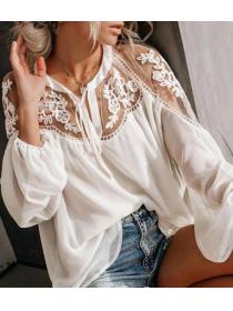 Hot style Transparent Lace V collar Blouse #51