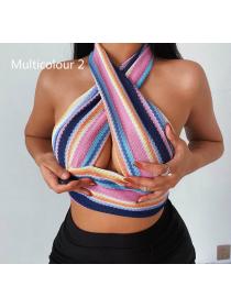 Outlet hot style Colorful print Sleeveless Knitted Criss Cross Halter Top 