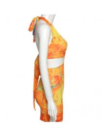 Outlet hot style Evening Party Multi-coloured print Sleeveless Halter Dress 