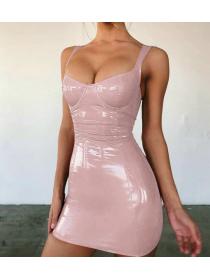 Outlet hot style  Sexy Low Cut Night Club PU leather Camisole Neckline Dress 