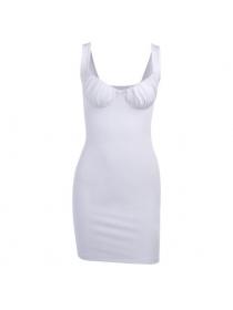Outlet hot style U-neck Low-cut Pleated Sleeveless Hip-full Dress