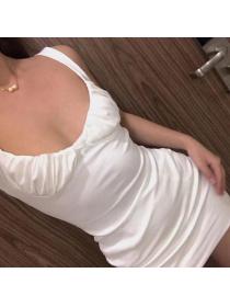 Outlet hot style U-neck Low-cut Pleated Sleeveless Hip-full Dress