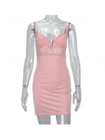 Outlet Hot Style Gauze Plain Colour V-neck Slim Breasted Straps Dress 