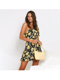 Outlet Hot Style Quality Pleated Single Shoulder Fashion Design Lemon Printed Dress