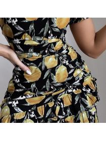 Outlet Hot Style Quality Pleated Single Shoulder Fashion Design Lemon Printed Dress