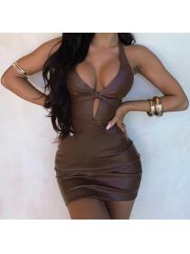 Outlet hot style V-neck Pu Leather Sexy Halter Dress 