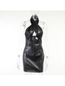 Outlet hot style Autumn Fashion Slim Hollow Pu Leather Halter Dress 