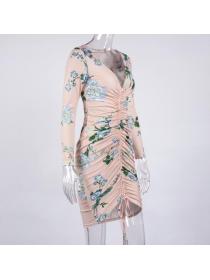 Outlet hot style Floral V-neck Pleated Long-sleeved Dress 