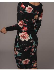 Outlet hot style Floral V-neck Pleated Long-sleeved Dress 
