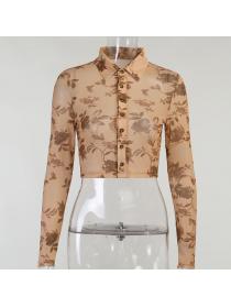 Outlet hot style Sexy Transparent Printed Long-sleeved Blouse 