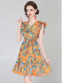 On Sale Vintage Fashion Printed V-neck Sleeveless Summer Dress