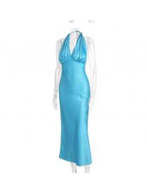 Outlet hot style High Waist Sleeveless V-neck Silk Satin Halter Dress 