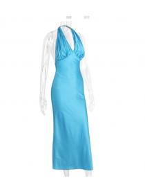 Outlet hot style High Waist Sleeveless V-neck Silk Satin Halter Dress 