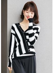 V-neck irregular autumn sweater stripe light tops