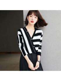 V-neck irregular autumn sweater stripe light tops
