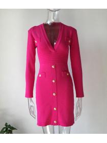Hot Sale Autumn&Winter Fashion V-neck Knitting Long-sleeved Dress 
