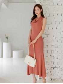 Korean Style Halter Drape Pure Color Dress 