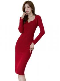 On Sale Knitting Plain Hip-full High Waist Long-sleeved Dress 