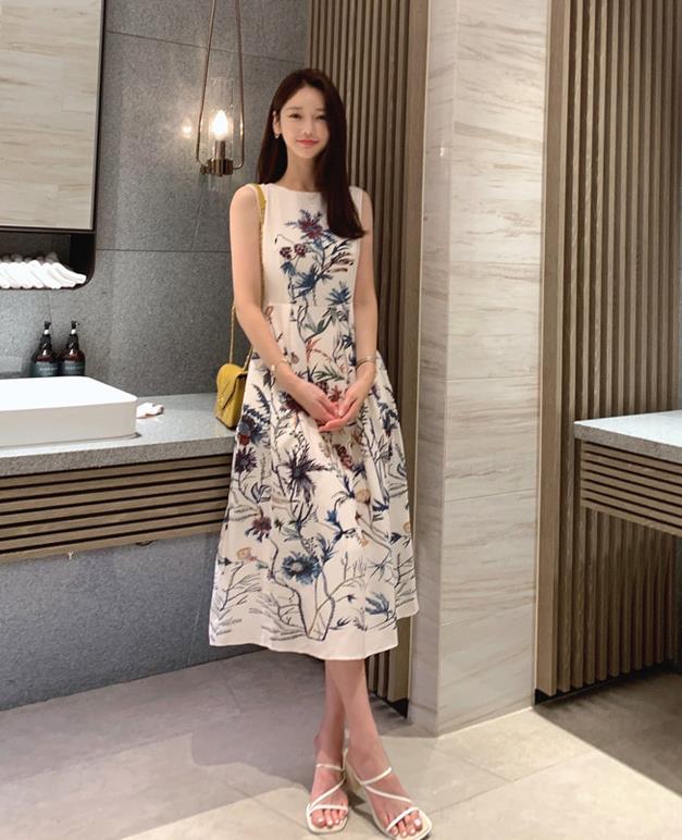 European Style Flower Printing Show Waist Dress