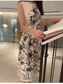 European Style Flower Printing Show Waist Dress 