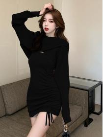 Trending Korea Style Knitting Side drawstring Long-sleeved Dress