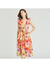 Outlet V-neck summer colors stereoscopic chiffon dress