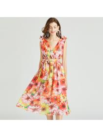Outlet V-neck summer colors stereoscopic chiffon dress