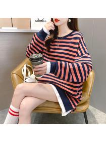 Outlet Western style Pseudo-two autumn lazy stripe loose hoodie