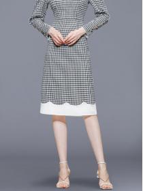 Korean Style Grid Printing Show Waist Dress 