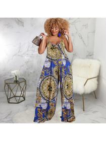Outlet Sleeveless sexy printing sling European style V-neck jumpsuit