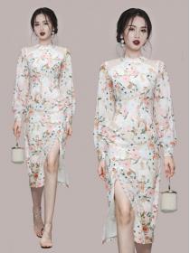 On Sale Stand Collars Flower Open Fork Dress 