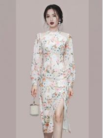 On Sale Stand Collars Flower Open Fork Dress 