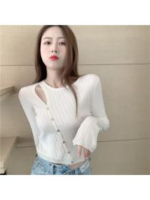 Outlet Buckle France style tops long sleeve hollow sweater