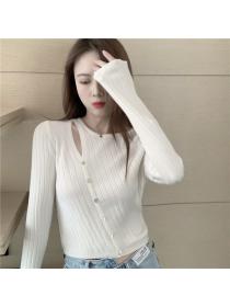 Outlet Buckle France style tops long sleeve hollow sweater