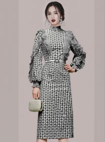 Korean Style Stand Collars Grid Printing Show Waist Dress 