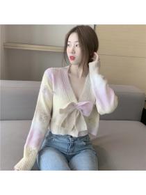 Outlet Knitted V-neck cardigan short bow sweater