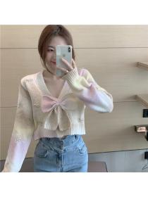Outlet Knitted V-neck cardigan short bow sweater