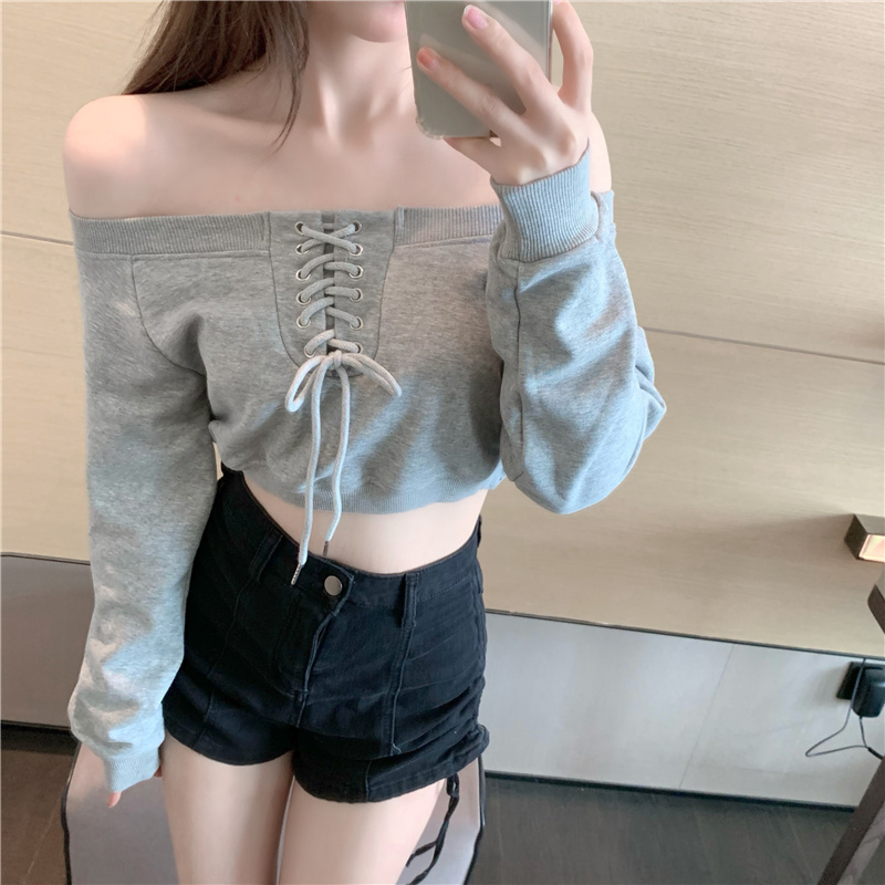 Outlet Strapless loose thin tops slim drawstring autumn hoodie