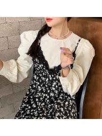 Simple Fashion Style Round-neck Puff Sleeve Blouse+Lace Floral Cami Dress