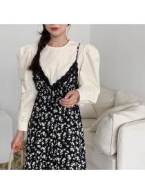 Simple Fashion Style Round-neck Puff Sleeve Blouse+Lace Floral Cami Dress