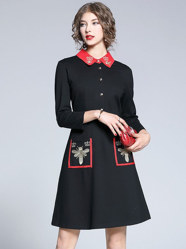 Embroidered Doll Collar Trumpet Sleeves Fashion Dress