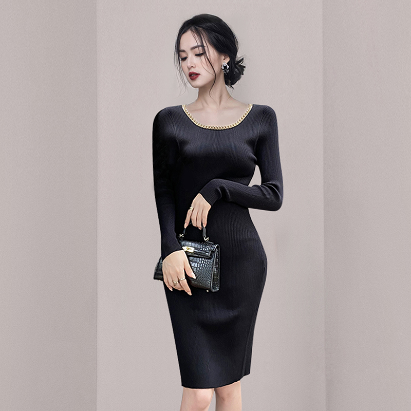 Outlet Long sleeve package hip knitted round neck slim dress