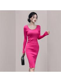 Outlet Long sleeve package hip knitted round neck slim dress