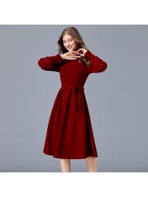Outlet Long sleeve knitted autumn splice half high collar dress