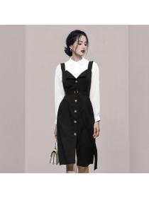 Outlet Strap autumn breasted tops bottoming lapel belt 2pcs set