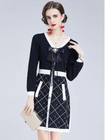 V Neck Bowknot Matching Knitting Dress 