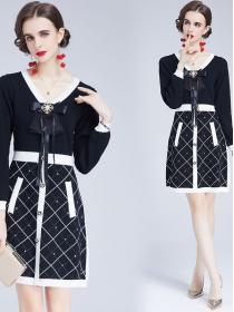 V Neck Bowknot Matching Knitting Dress 