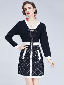 V Neck Bowknot Matching Knitting Dress 