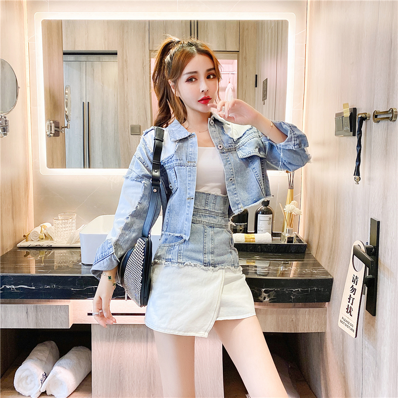 Outlet Fashion package hip coat denim Western style short skirt 3pcs set