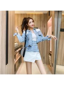 Outlet Fashion package hip coat denim Western style short skirt 3pcs set